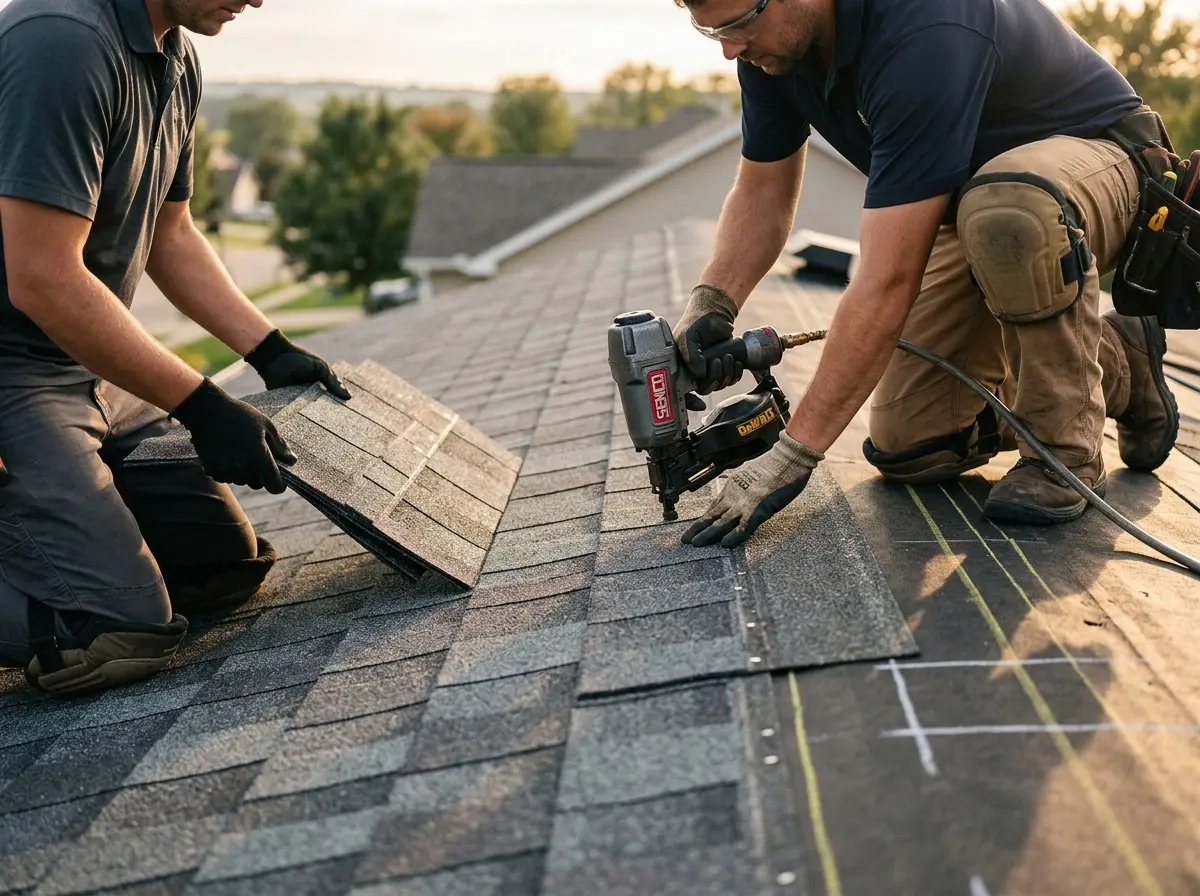 Professional roofer working on a residential roof in Withamsville
